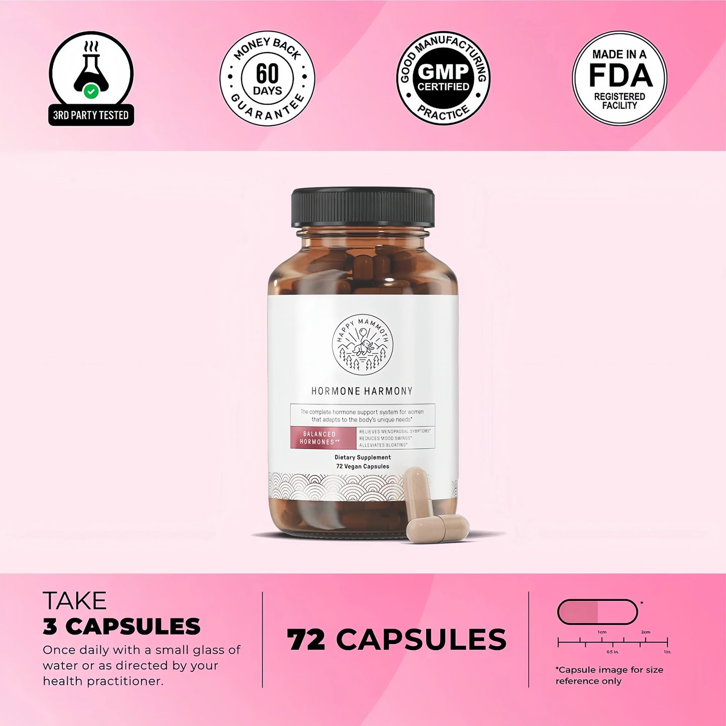 Happy Mammoth **Not Available Hormone Harmony Natural Hormonal Support for Women, Relief for Menopause, Perimenopause, Healthy Hormonal Balance, Hot Flashes. 72 Capsules.